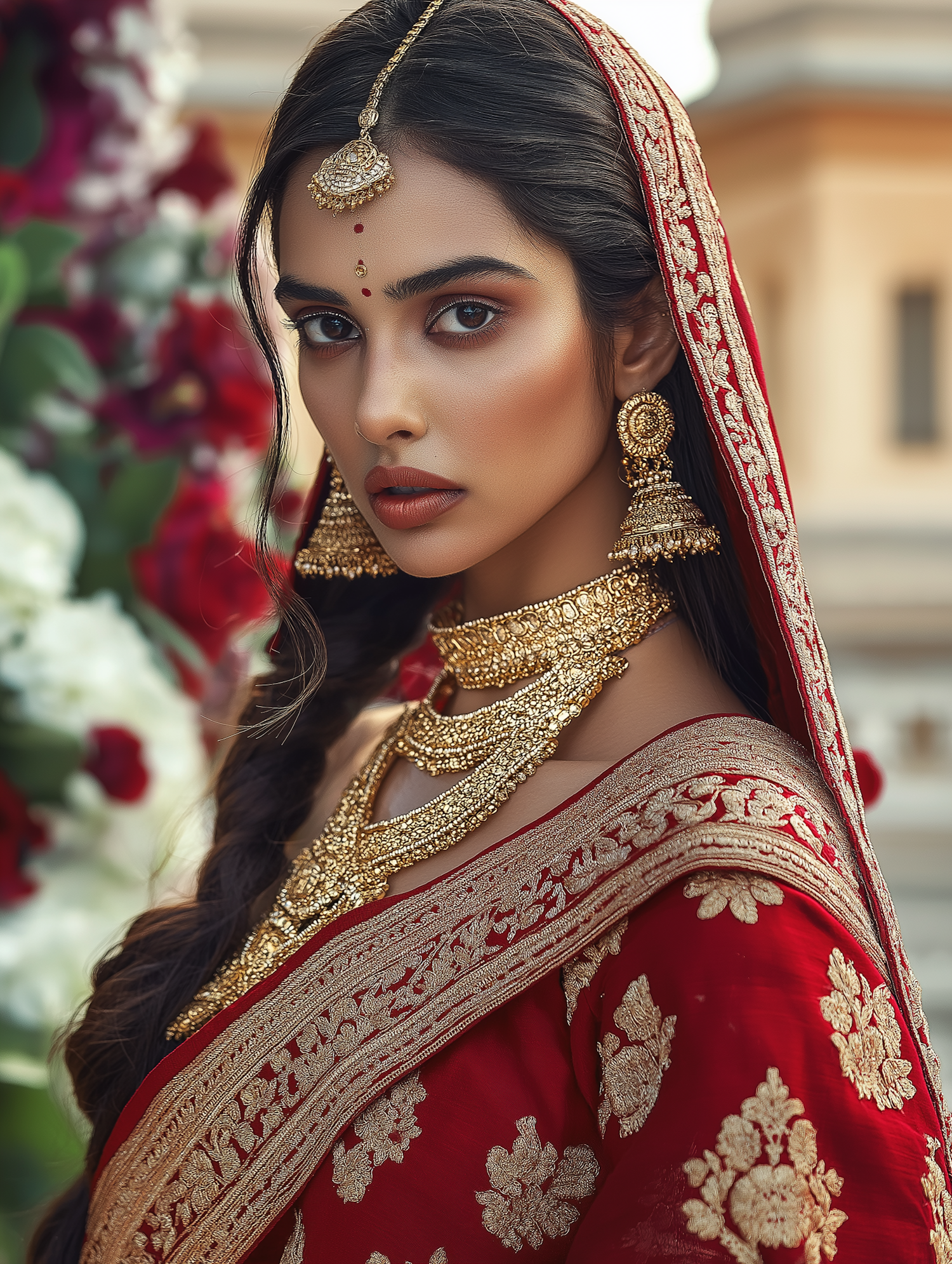 Woman in Traditional Attire with Gold Jewelry