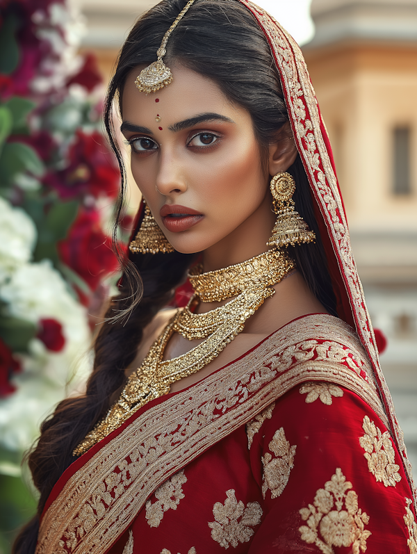 Woman in Traditional Attire with Gold Jewelry