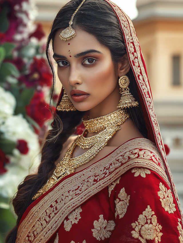 Woman in Traditional Attire with Gold Jewelry