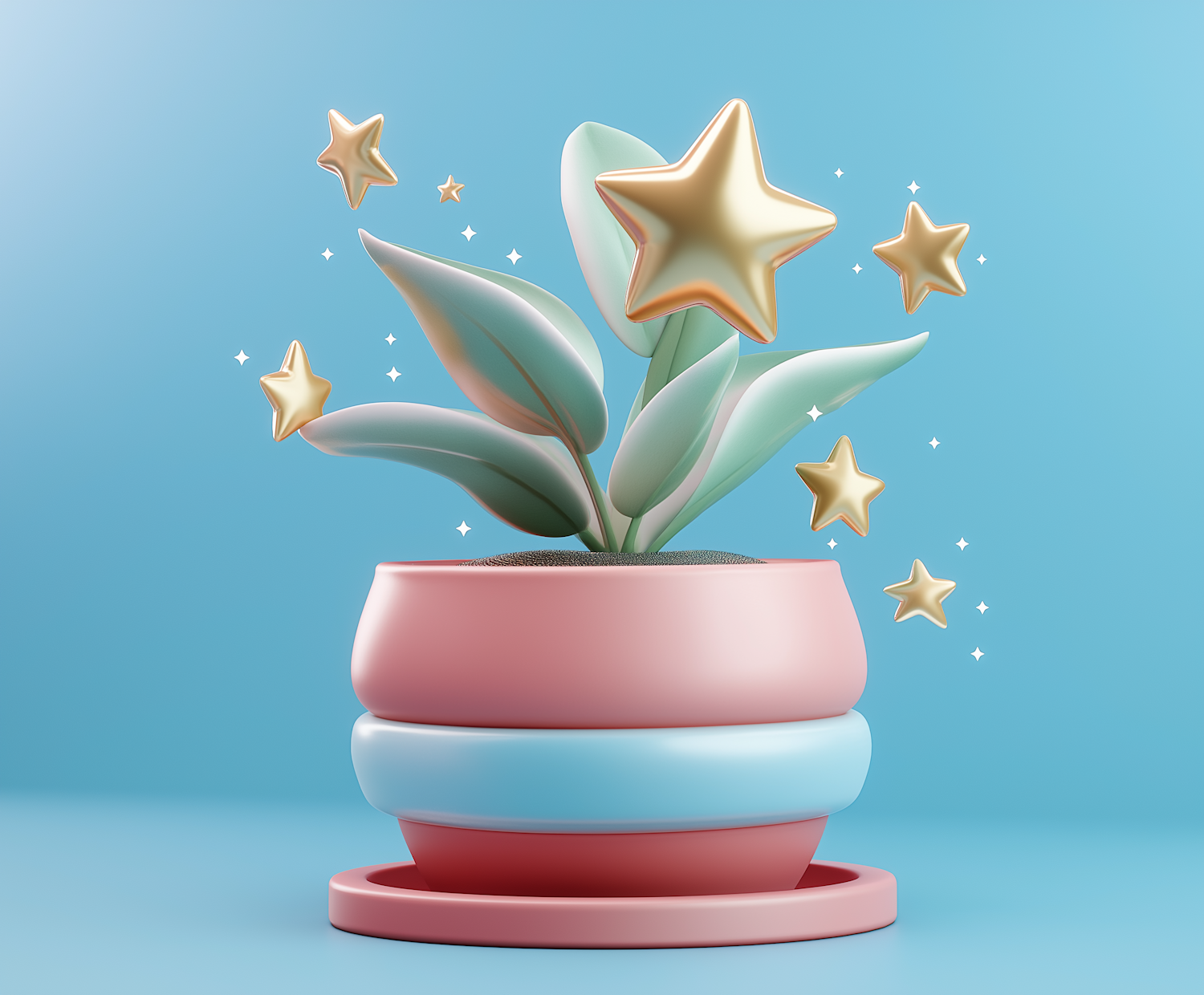 Whimsical 3D Plant and Stars Illustration