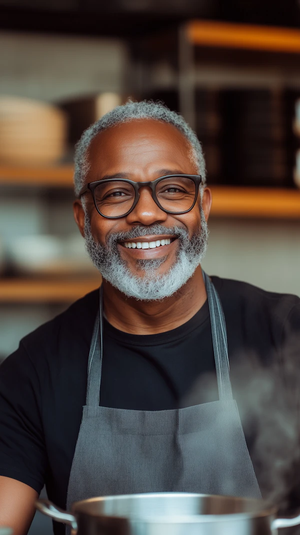 Man in Kitchen with Warm Smile
