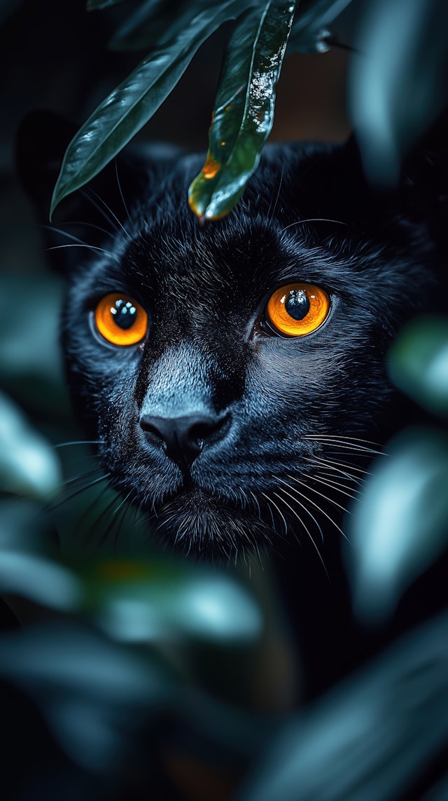 Mysterious Black Cat in Foliage