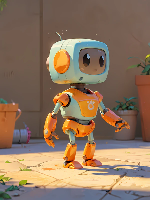 Cartoon Robot in Garden