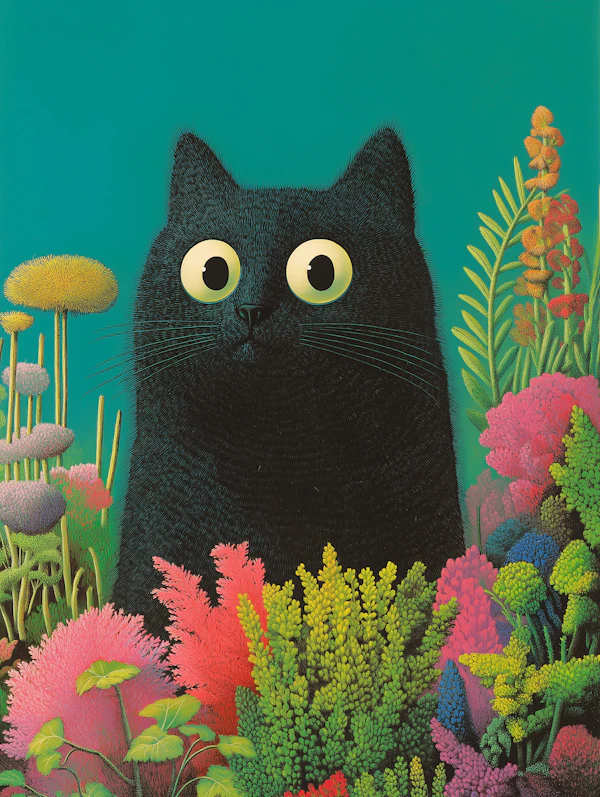 Curious Black Cat in Vibrant Garden