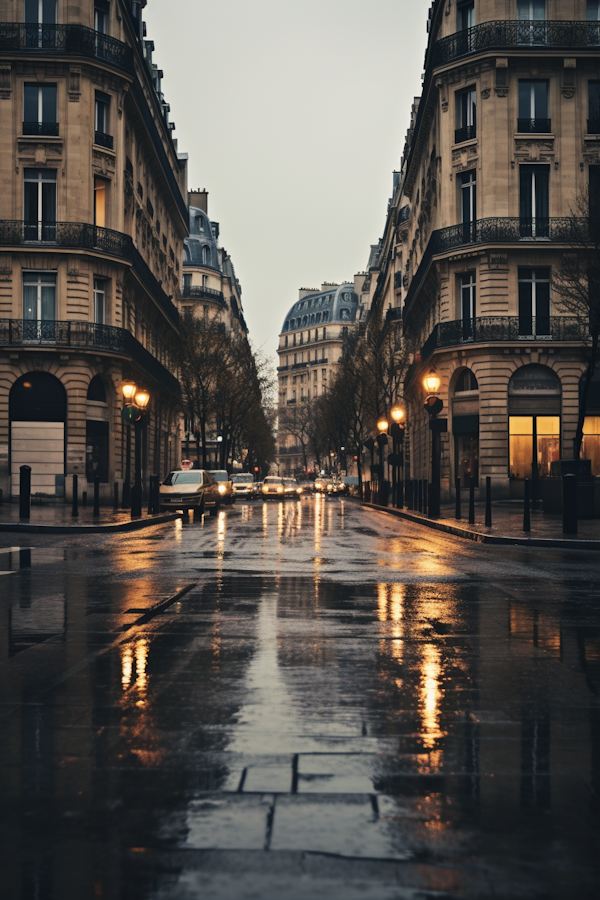 Twilight Serenity on Rain-kissed European Boulevard