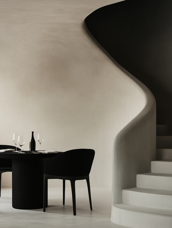 Minimalist Modern Dining Area with Spiral Staircase