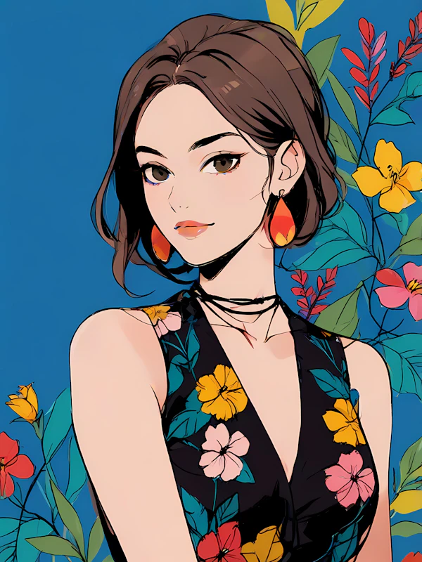 Illustrated Woman with Floral Dress