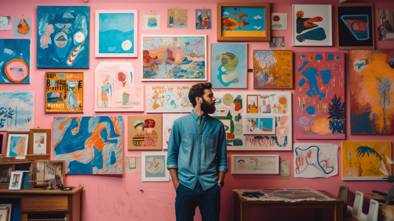 Contemplative Art Admirer in a Colorful Gallery