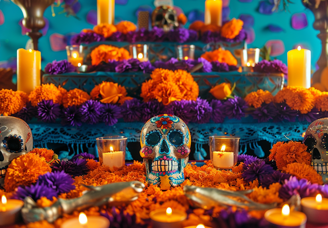 Day of the Dead Altar with Sugar Skulls and Marigolds