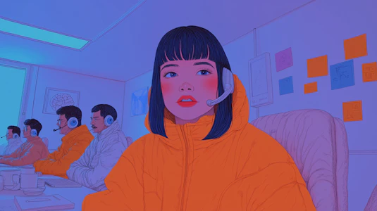 Futuristic call center illustration with vibrant colors, featuring a young woman in an orange jacket and headset.