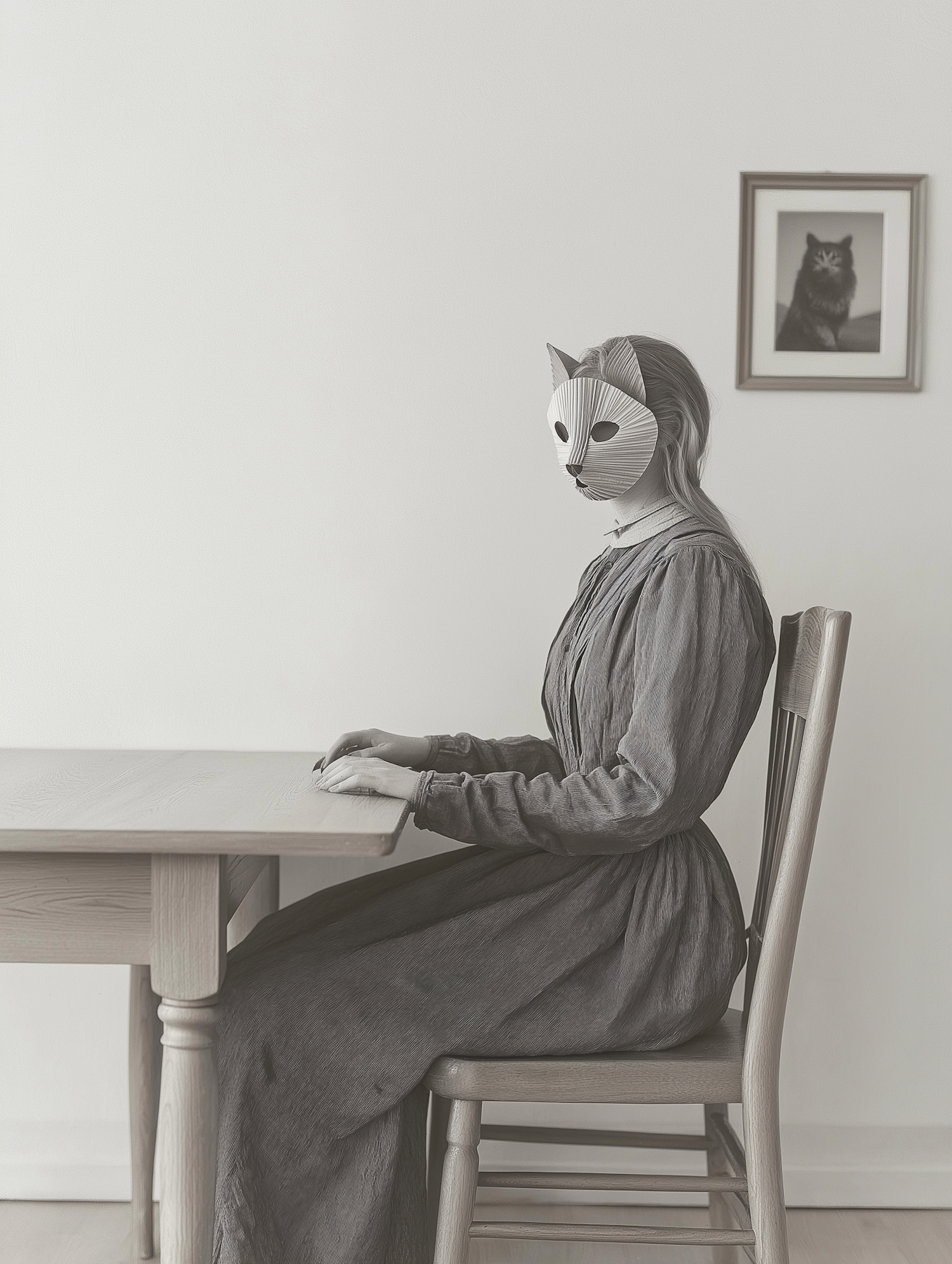 Person with Cat Mask at Wooden Table