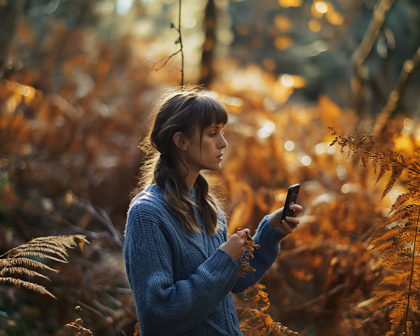 Autumn Serenity: Woman with Smartphone in the Woods