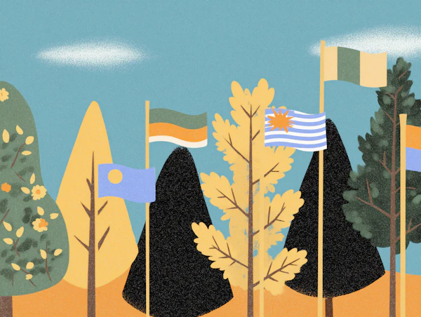 Stylized Outdoor Flags with Trees Scene