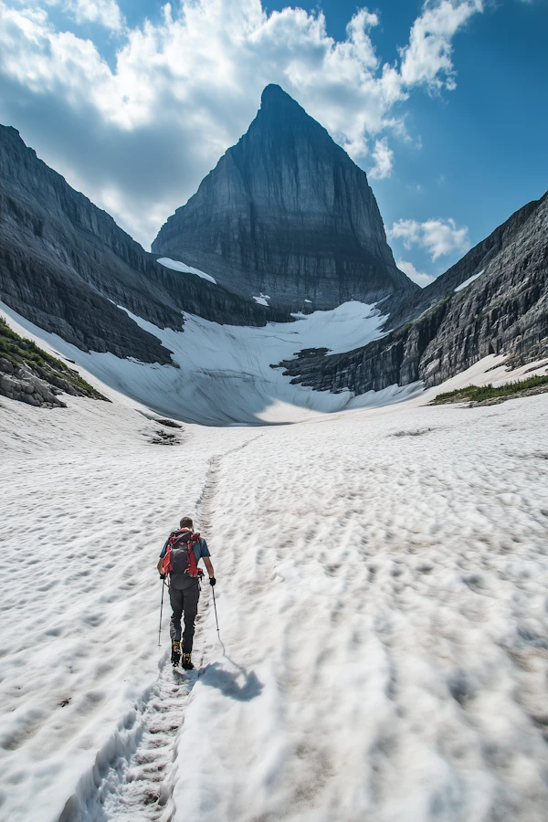 Lone Hiker in Snowy Mountain Landscape