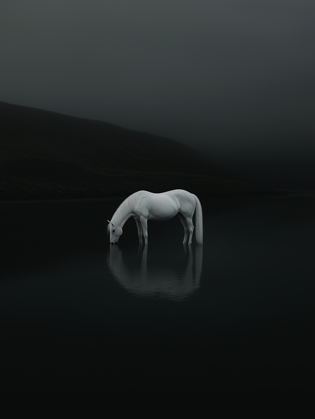 Serene White Horse in Misty Landscape