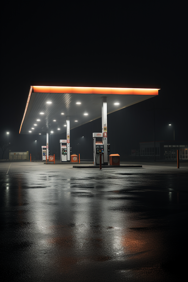 Solitary Beacon Gas Station at Night