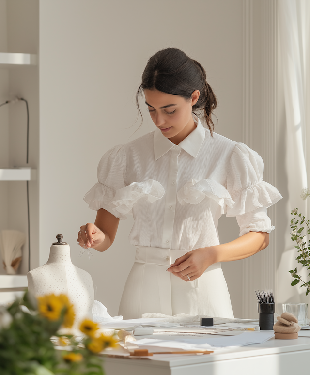 Woman Sewing in Bright Room