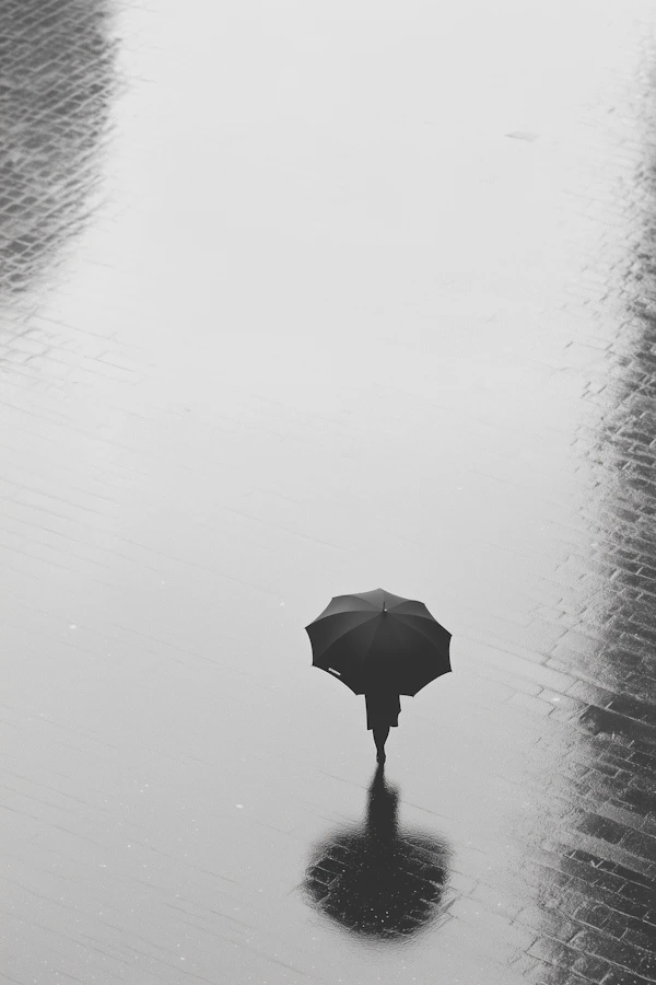 Solitary Figure with Umbrella in Black and White