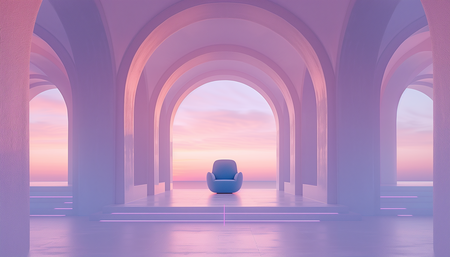 Tranquil Archway Scene with Modern Chair