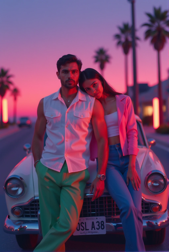 Couple Leaning Against Vintage Car at Sunset