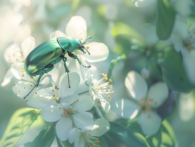 Green Beetle on White Flowers