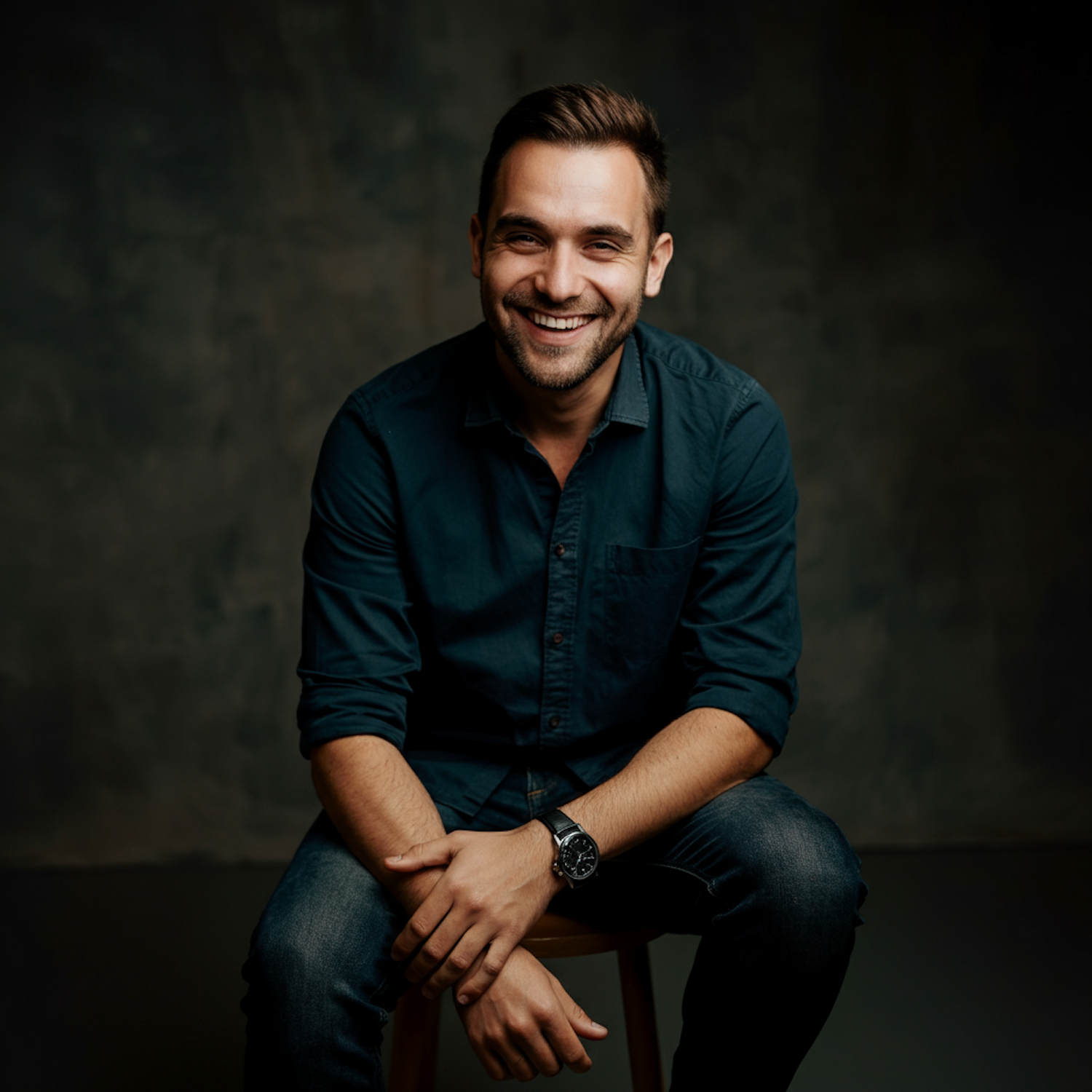 Man Sitting on Stool with Cheerful Expression