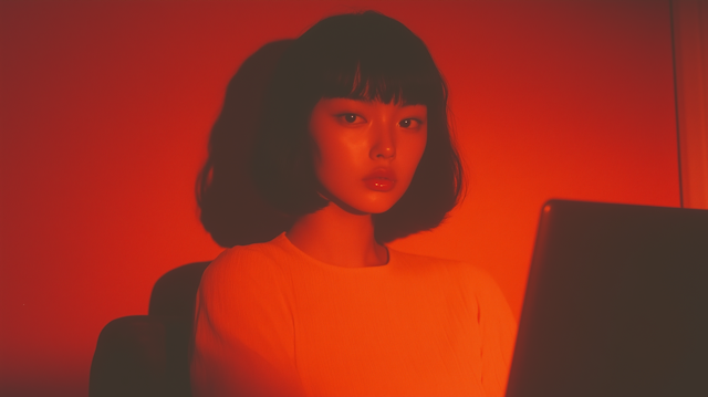 Woman in Red Light with Laptop