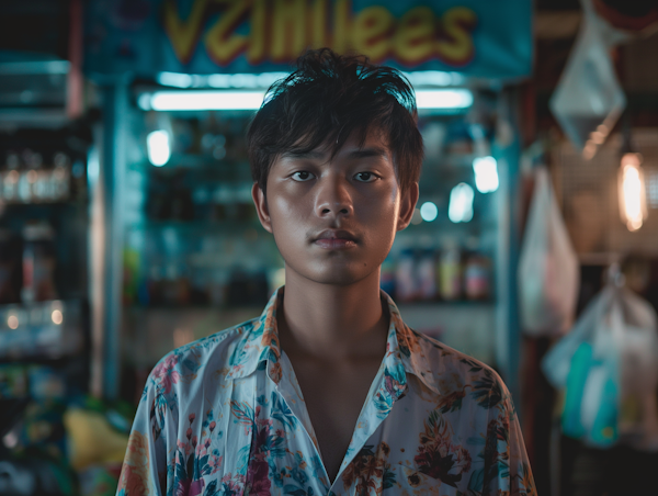 Pensive Young Man with Floral Shirt