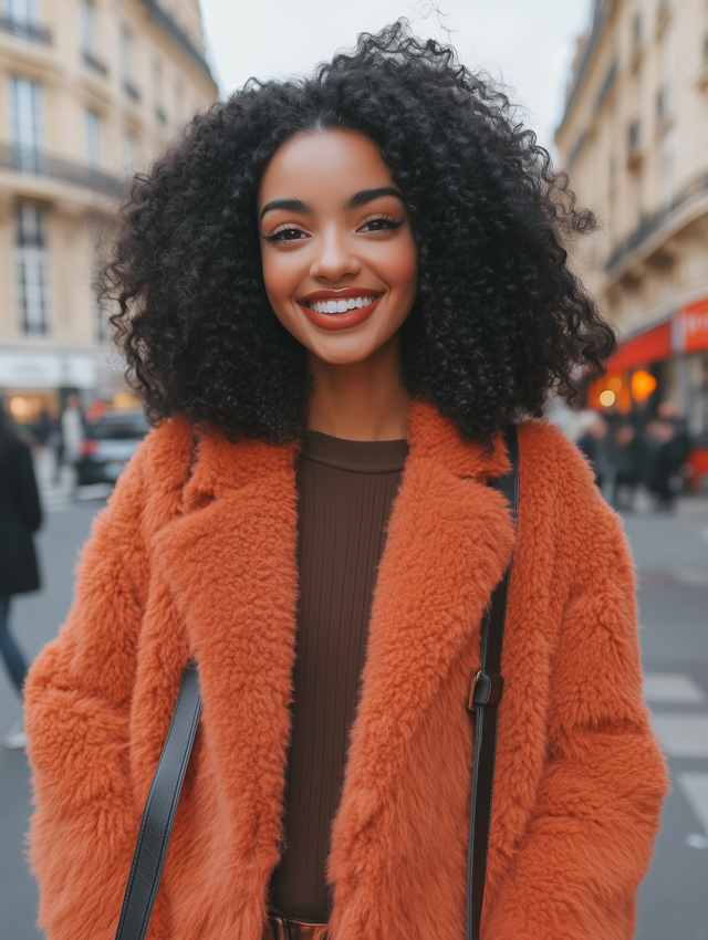 Young Woman in Vibrant Orange Fur Coat