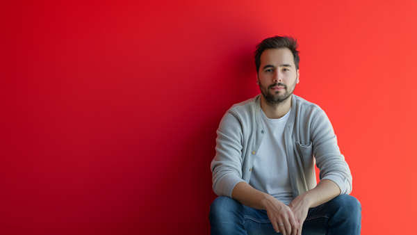 Casual Confidence with a Crimson Backdrop