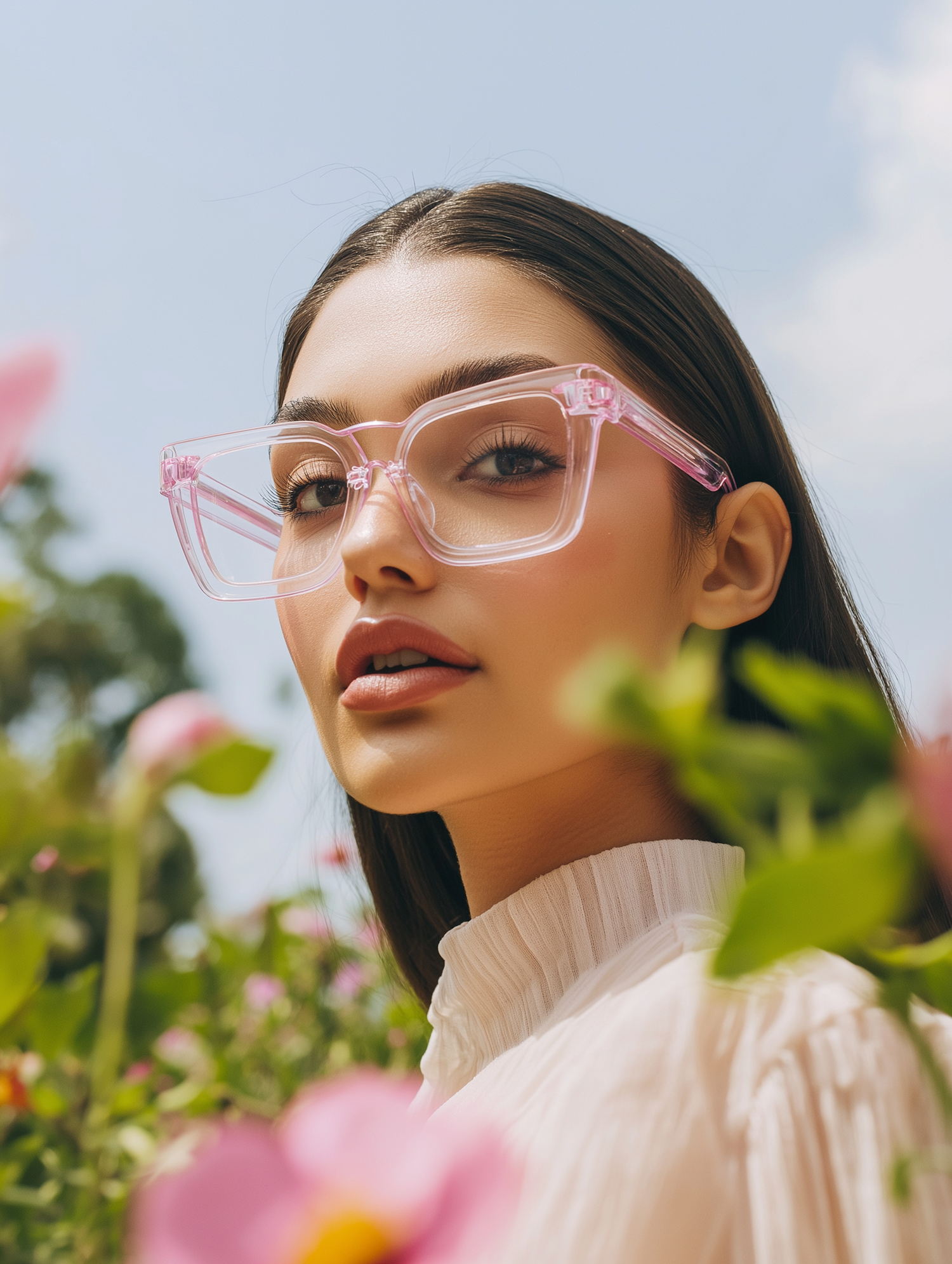 Young Woman with Pink Glasses in Outdoor Setting