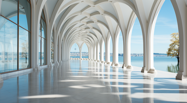 Serene Arched Corridor with Waterfront View