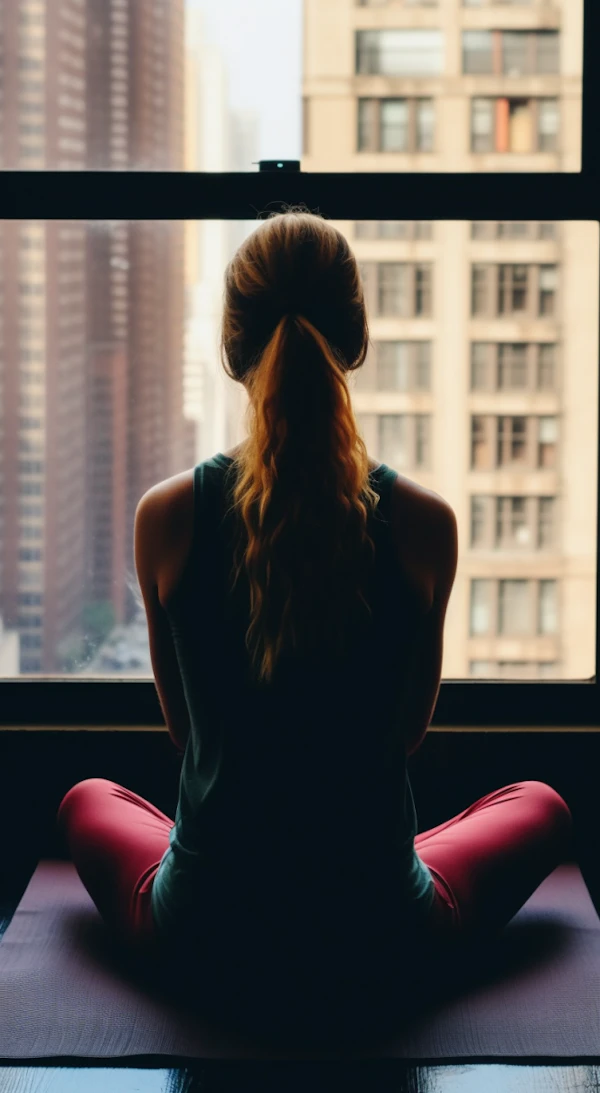 Urban Serenity: Contemplative Woman on Purple Yoga Mat