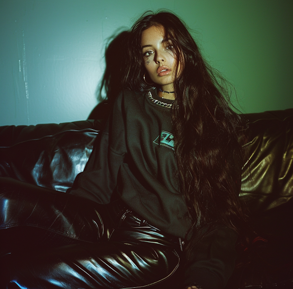 Contemplative Young Woman on Leather Couch