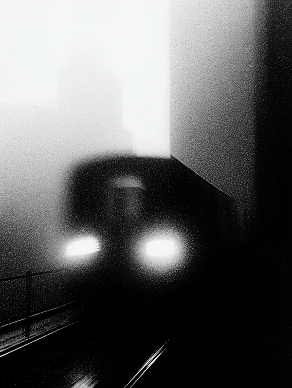 Train Emerging from Fog