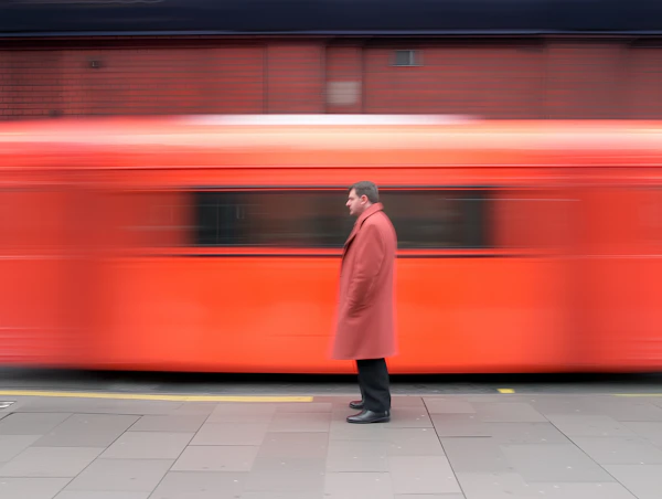 Man in Red Coat with Passing Train