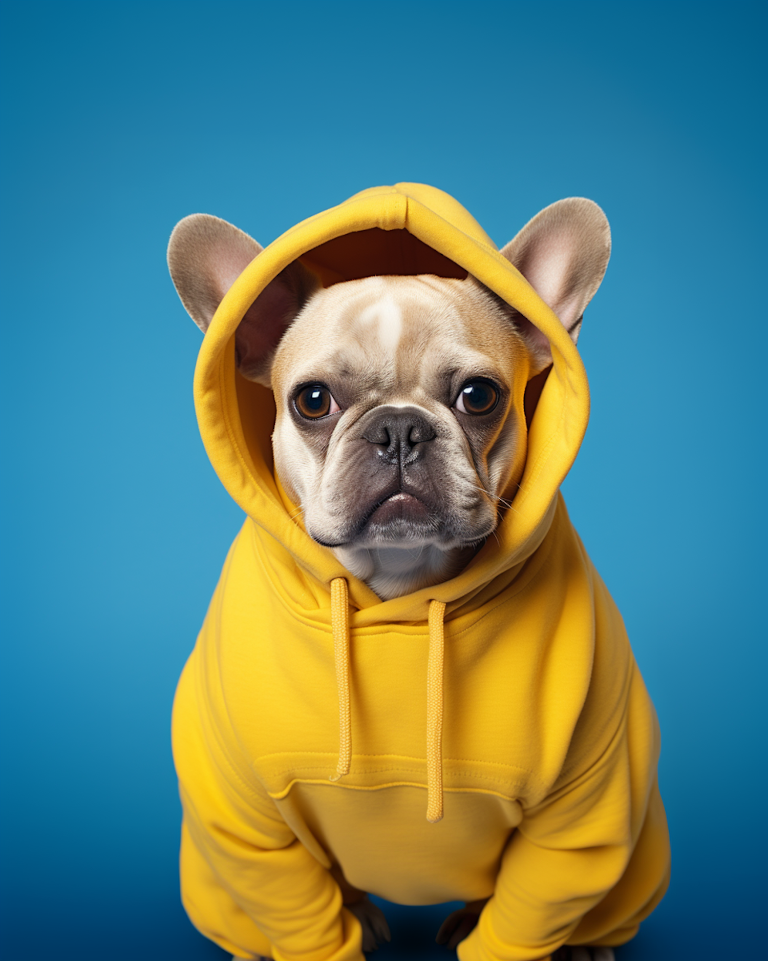 French Bulldog in a Yellow Hoodie