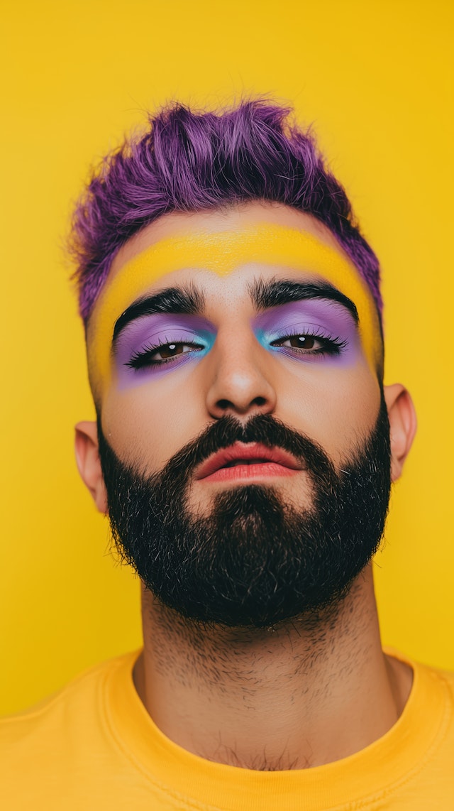 Vibrant Portrait with Purple Hair and Bold Makeup