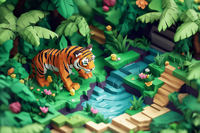 Stylized 3D Tiger in Vibrant Jungle