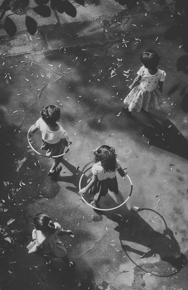 Playful Children with Hula Hoops in Monochrome