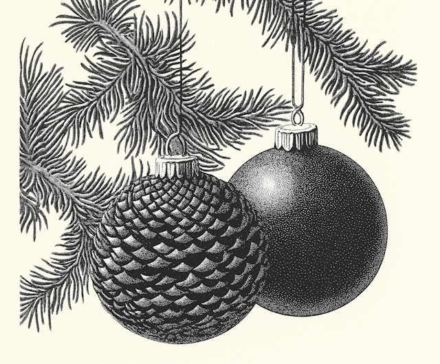 Festive Ornaments on Pine Branch