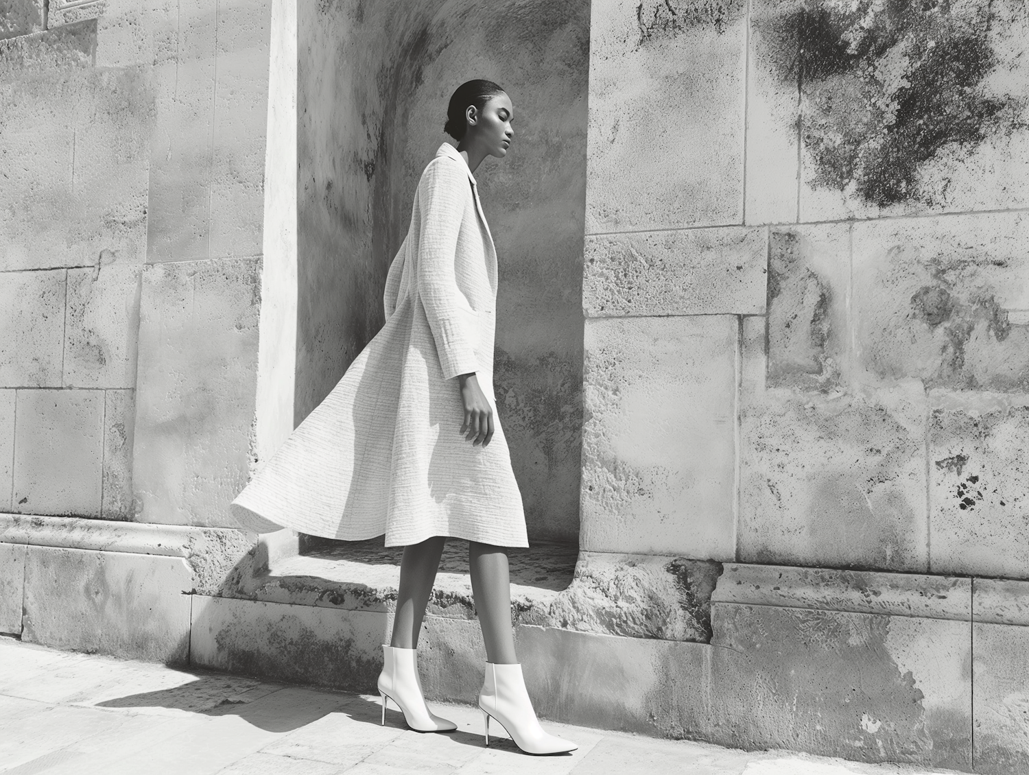 Elegant Woman Walking by Textured Wall