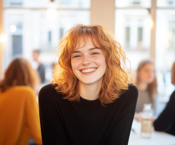 Smiling Woman with Curly Red Hair