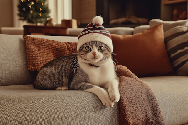 Cat in Cozy Knit Hat on Couch