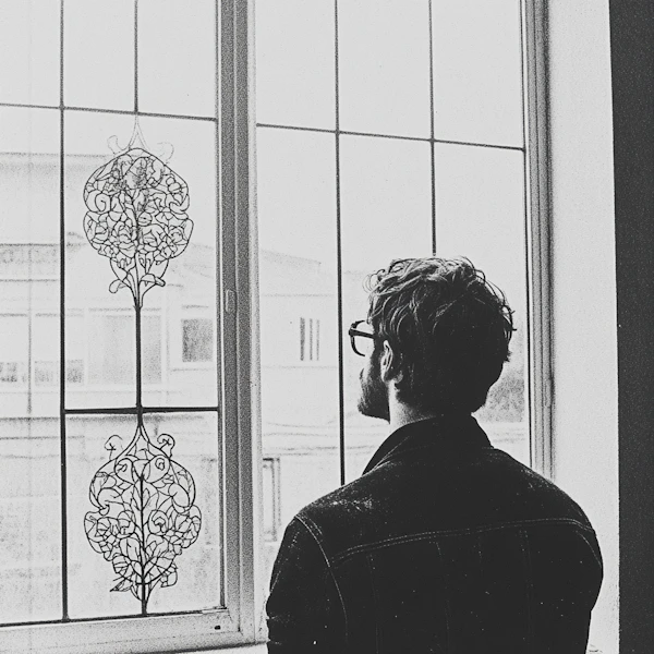 Man by Patterned Window
