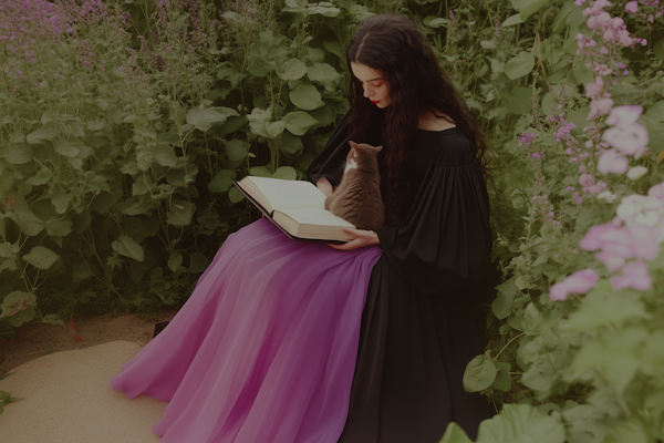 Woman in Garden with Cat