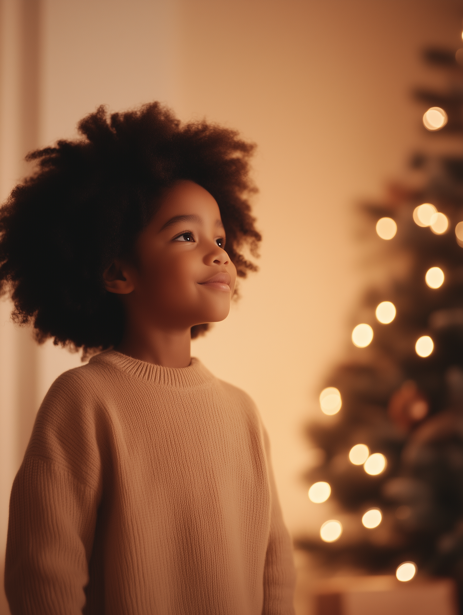 Child Gazing Upwards with Festive Lights