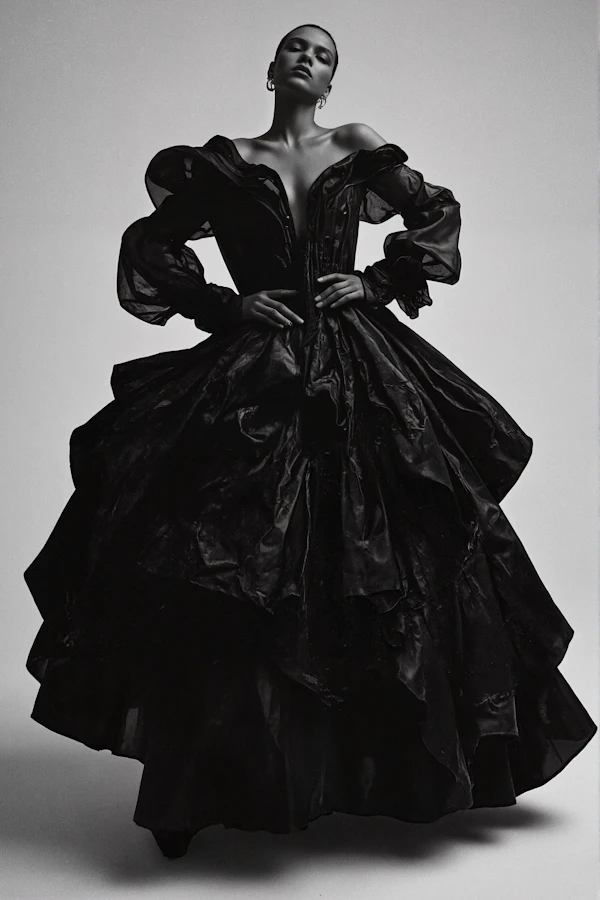 Black and White Portrait in Voluminous Gown