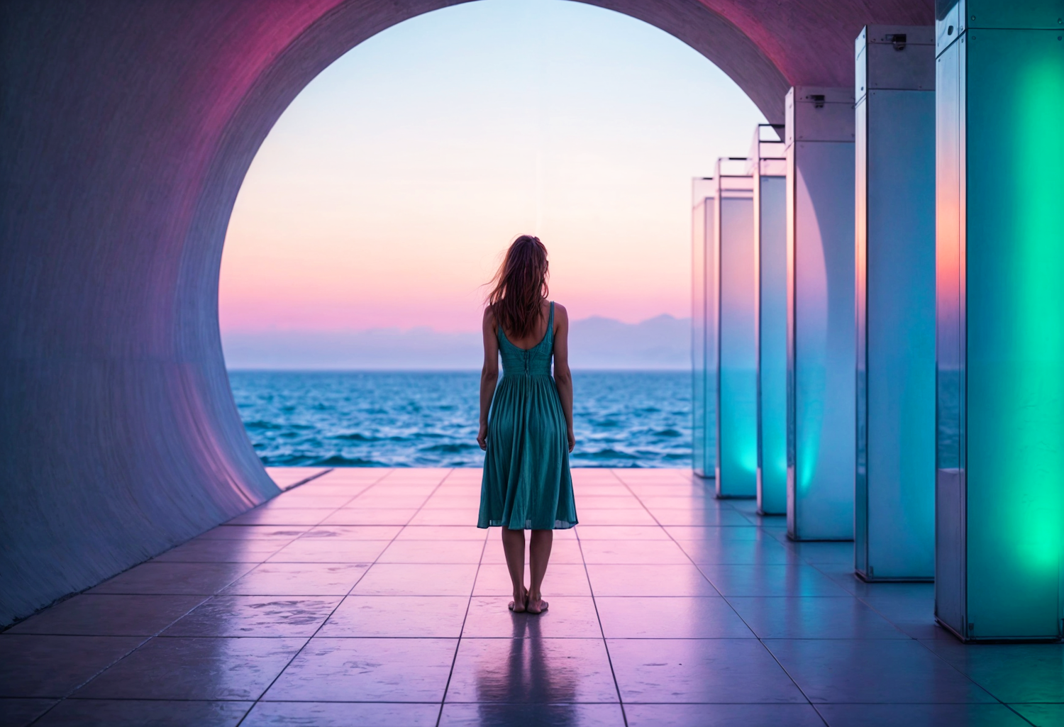 Woman Gazing at Ocean Through Archway