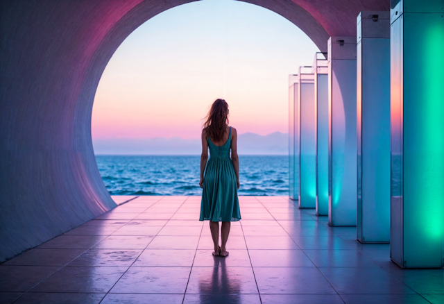 Woman Gazing at Ocean Through Archway